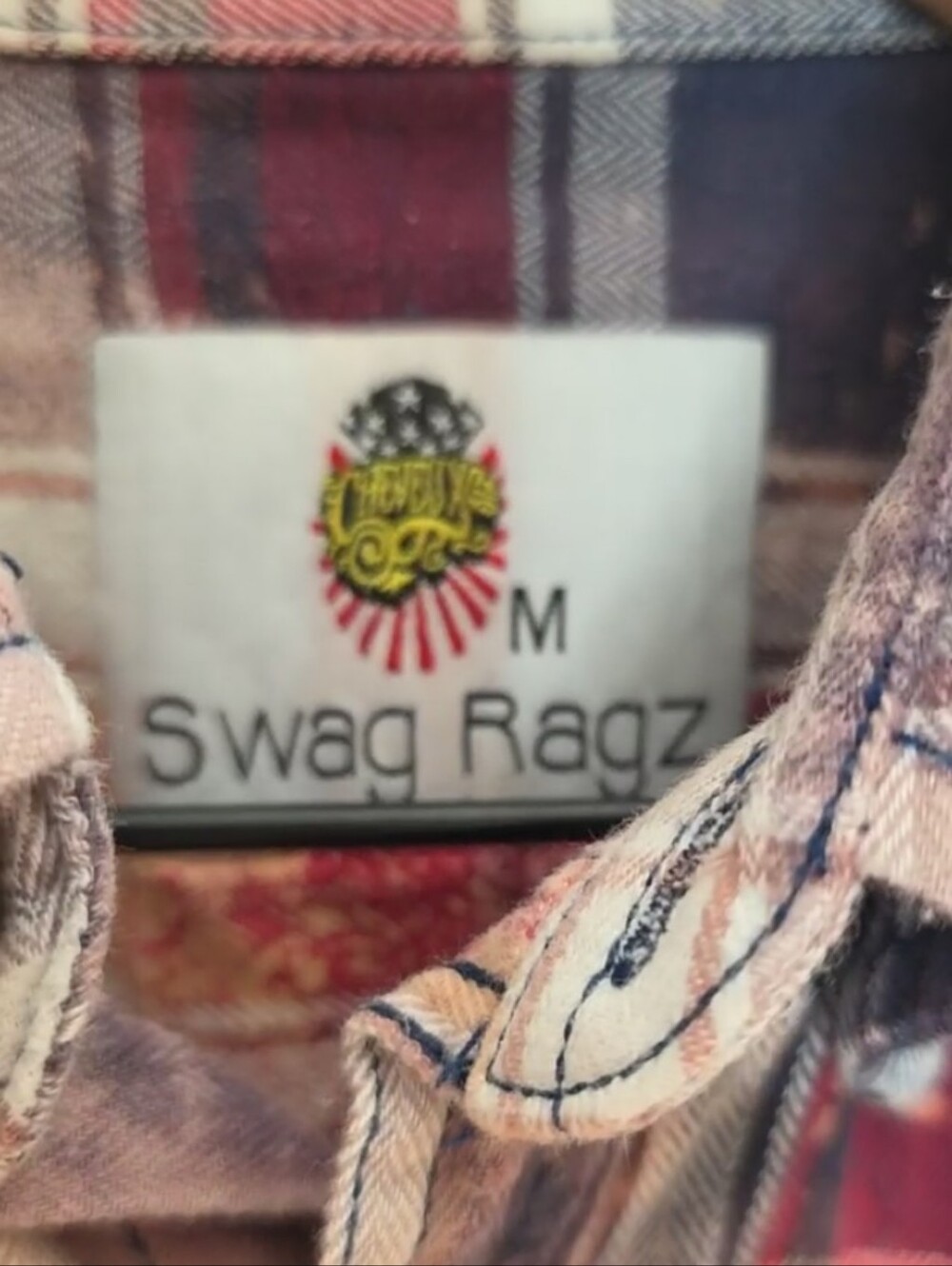 Cheveux Swag Ragz Upcycled Bleached Flannel Red White Plaid Unisex Size M Grunge - Picture 3 of 10